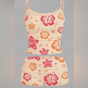SHEIN Floral Print Swim Sarong Set - Pink and Orange